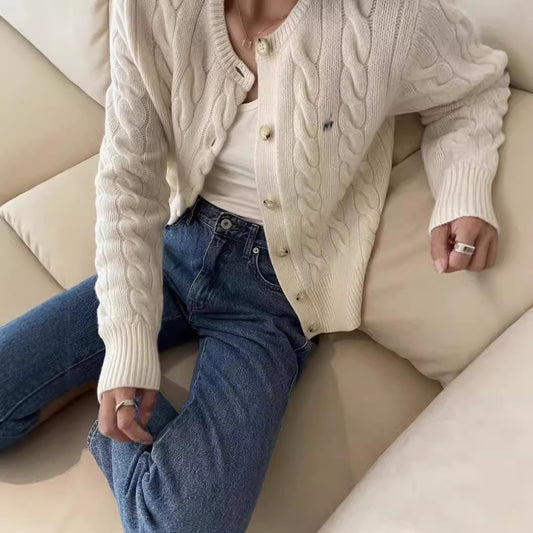 Counter Same Style Pony Embroidery Wool Cable Vintage Knitted Cardigan Women Autumn Winter Sweater Round Neck Thick Coat Top
