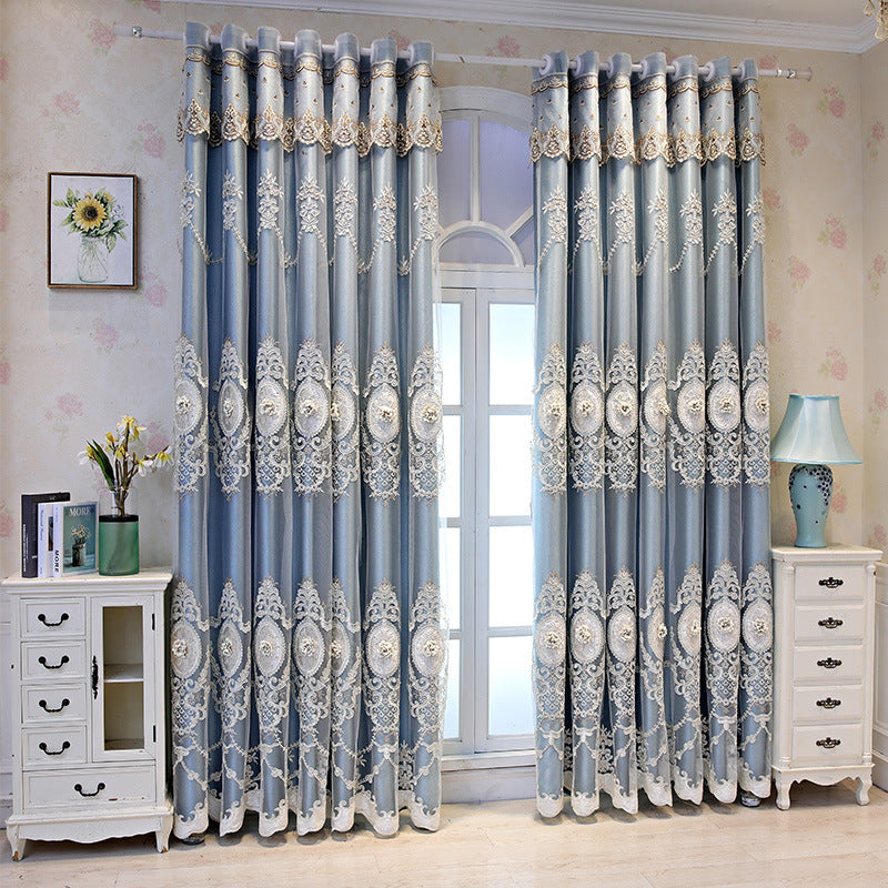 European Style High-End Simple Modern Fabric Sheer Integrated Blackout Double Layer Embossed Embroidered Curtains for Living Room Bedroom Balcony