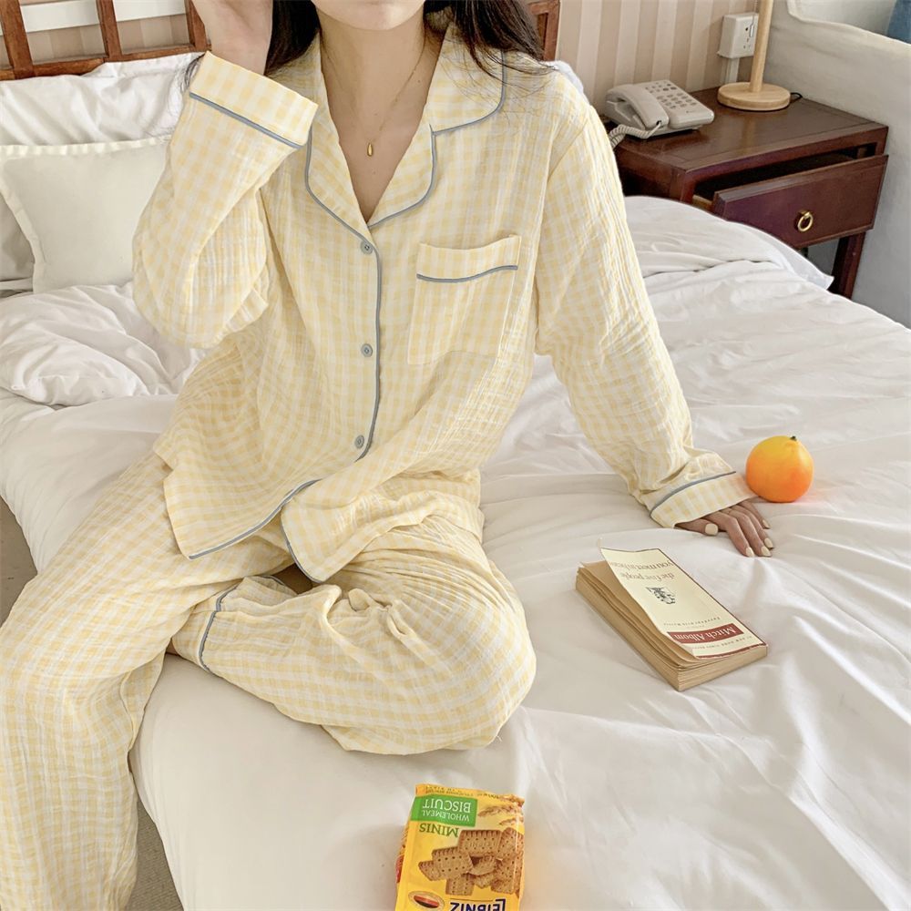 Spring and Autumn Japanese Style ins Color-Block Plaid Couple Pajamas for Women, Simple Outerwear, Cute Long-Sleeve Homewear, Men's Set