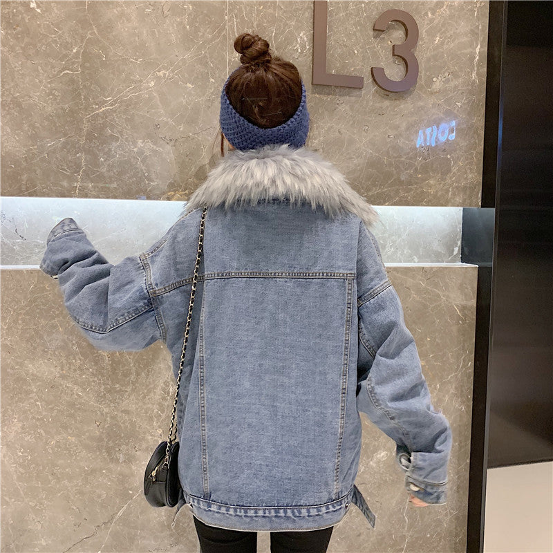 Cross-Border2022Winter New Korean Style Loose Thickened Fleece Rabbit Fur Inner Large Fur Collar Denim Jacket Women's Cotton Coat