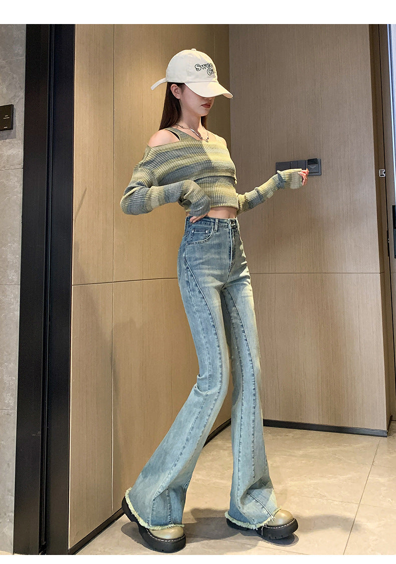 1223Flared Jeans for Women Summer Thin Pear Shape Body Lift Tummy Control Denim Bell Bottom Patchwork Fashion Pants