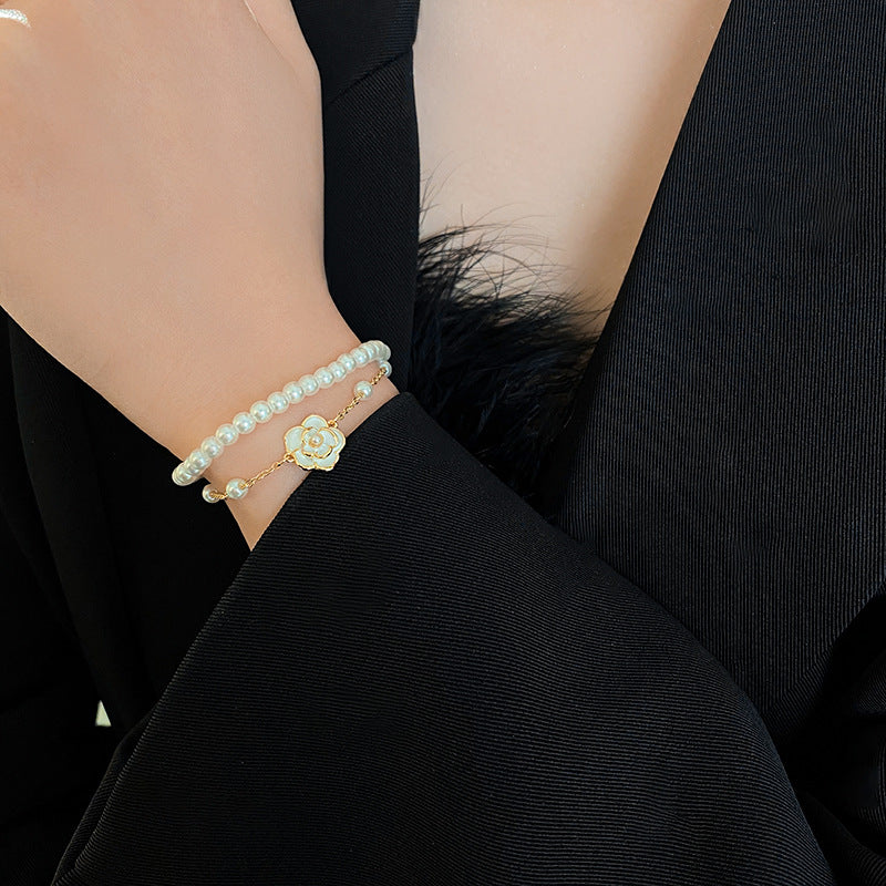 Real Gold Plated Oil Drop Camellia Pearl Bracelet Elegant Temperament Bracelet Light Luxury High-end Earrings Manufacturer Wholesale
