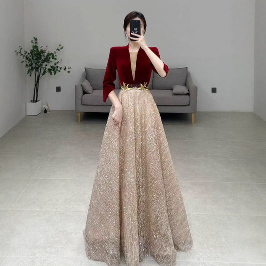 High-end chorus performance dress for women long gown2025New Elegant Host Evening Dress with High-End Feel for Ethnic Vocal Music