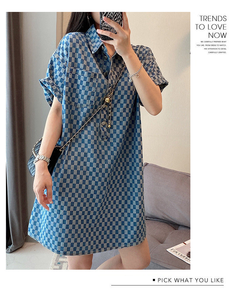 2-300Jin Fat mm Denim Blue Dress for Women Summer New Large Size Mid-Length Loose Short Sleeve T T-shirt Skirt