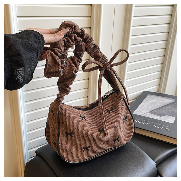 Sweet Bow Plaid Single Shoulder Underarm Crescent Bag2024Autumn new simple casual large capacity handbag