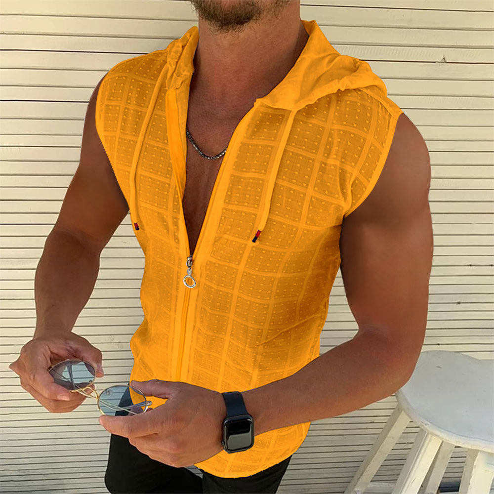 Short Sleeve Hooded Zip Cardigan T Men's T-shirt2023Summer New Fashion Plaid Sleeveless t Men's T-shirt Polo Collar Top