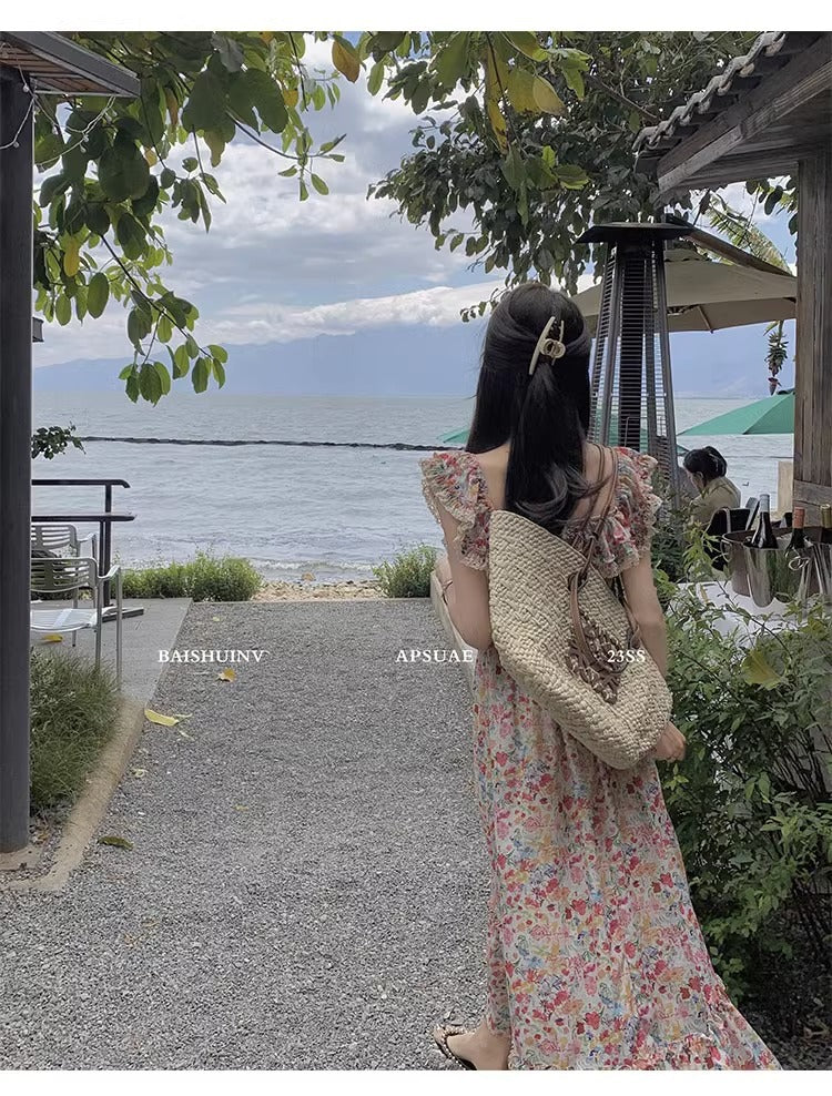 Floral Square Neck Slim Fit Women's Dress for Beach Vacation Casual Long Dress