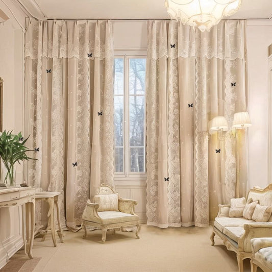 New Cream Style Curtains Cozy Bedroom Blackout Lace Double Layer Fabric Sheer Integrated Bay Window Floor-to-Ceiling Thickened High-End