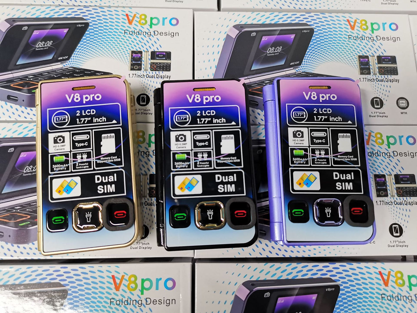 Cross-Border Foreign Trade V8pro Dual Screen Folding Flip Function Phone2G Elderly Foreign Language Mobile Phone Large Buttons Flashlight