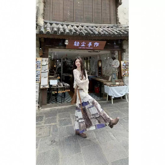 Bohemian Vacation Style Set Dress for Women Summer Hollow Out Sun Protection Knitted Cover-Up Printed Skirt Two-Piece Set
