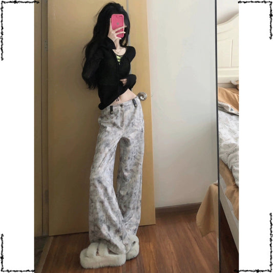 American Retro Tie-Dye Print Casual Wide-Leg Jeans for Women Loose High-Waist Draped Floor-Length Pants Summer Hot Sale