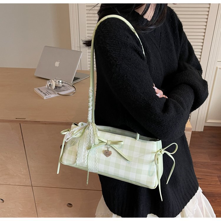 Dopamine Plaid Handbag Small Tote Bag for Women Summer2025New Ballet Style Bow Baguette Bag Underarm Bag Trendy