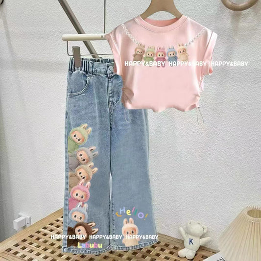 Girls' Bowknot Jeans2025New Style Children's Fashionable Wide-Leg Pants for Older Kids, Long Straight-Leg Pants