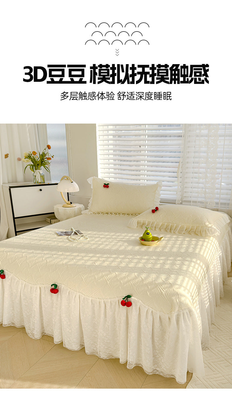 Summer Ice Silk Cooling Mat Lace Edge Cool Soft Mat Three-Piece Set Ethylene Fiber Ice Bean Mat Bed Skirt Style Bedding