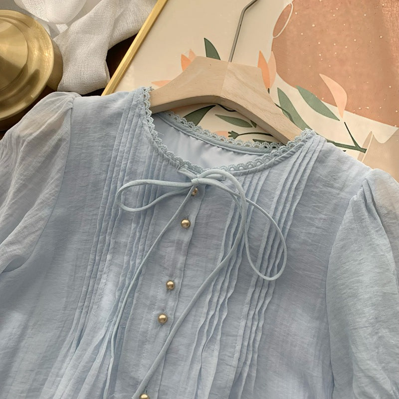 Real Shot◆Private Server Edition！French Style Round Neck Breathable Comfortable Light Pink Lace-Up Loose Shirt Chiffon Blouse