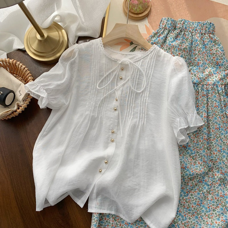 Real Shot◆Private Server Edition！French Style Round Neck Breathable Comfortable Light Pink Lace-Up Loose Shirt Chiffon Blouse