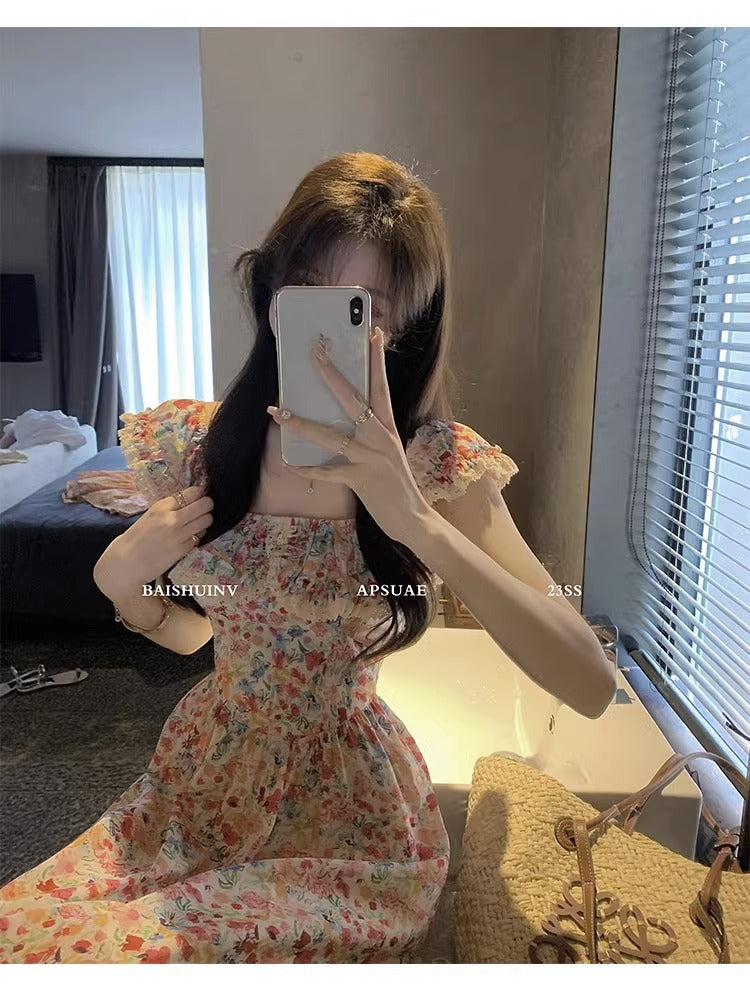Floral Square Neck Slim Fit Women's Dress for Beach Vacation Casual Long Dress
