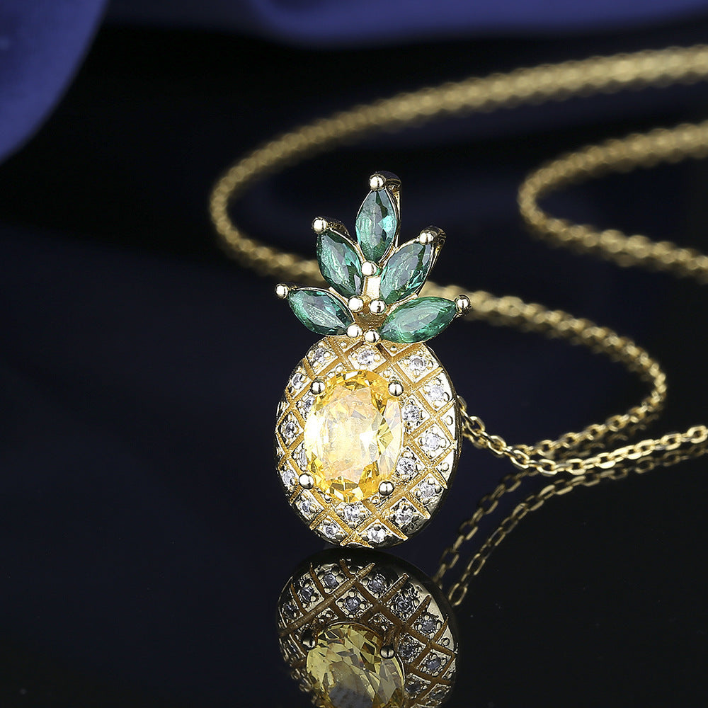 European and American Fashion Copper Plated K Gold Zircon Jewelry Luxurious Pineapple Versatile Set Cross-Border Women's Ring Necklace Earrings