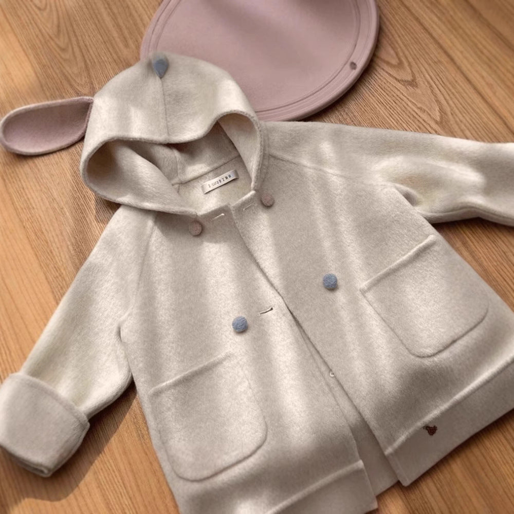 Girls' Wool Coat with Fleece Lining and Thickened2024Autumn and Winter New Cute Baby Girl Stylish Korean Children's Clothing Wool Coat