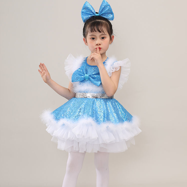 Children's Performance Costume Puffy Skirt for Girls New Sequin Tulle Skirt Kindergarten Dance Princess Dress Performance Costume for Girls
