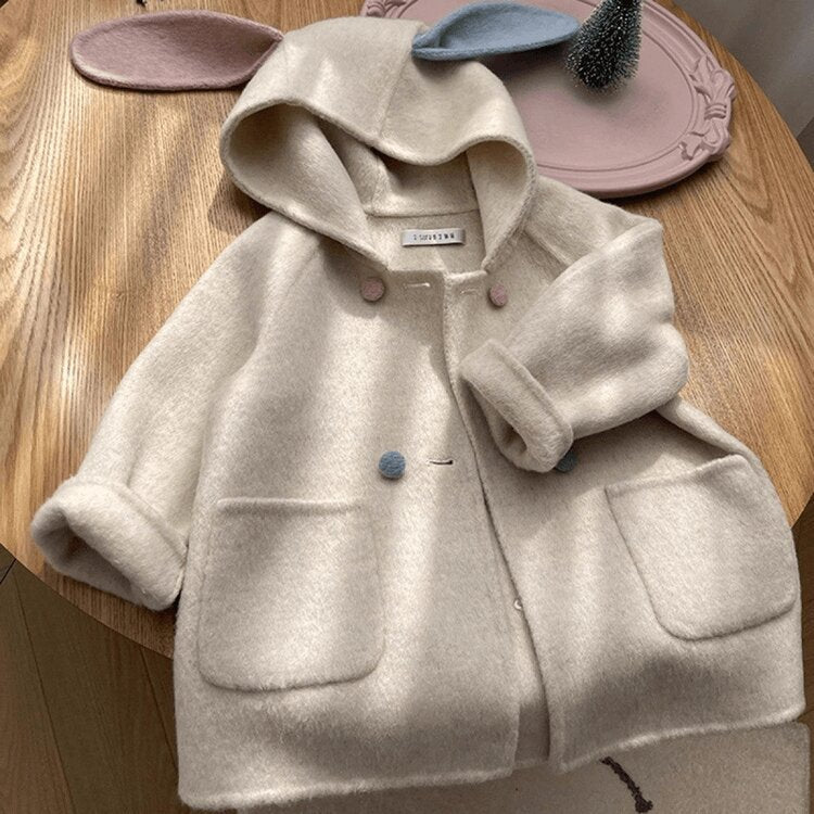 Girls' Wool Coat with Fleece Lining and Thickened2024Autumn and Winter New Cute Baby Girl Stylish Korean Children's Clothing Wool Coat