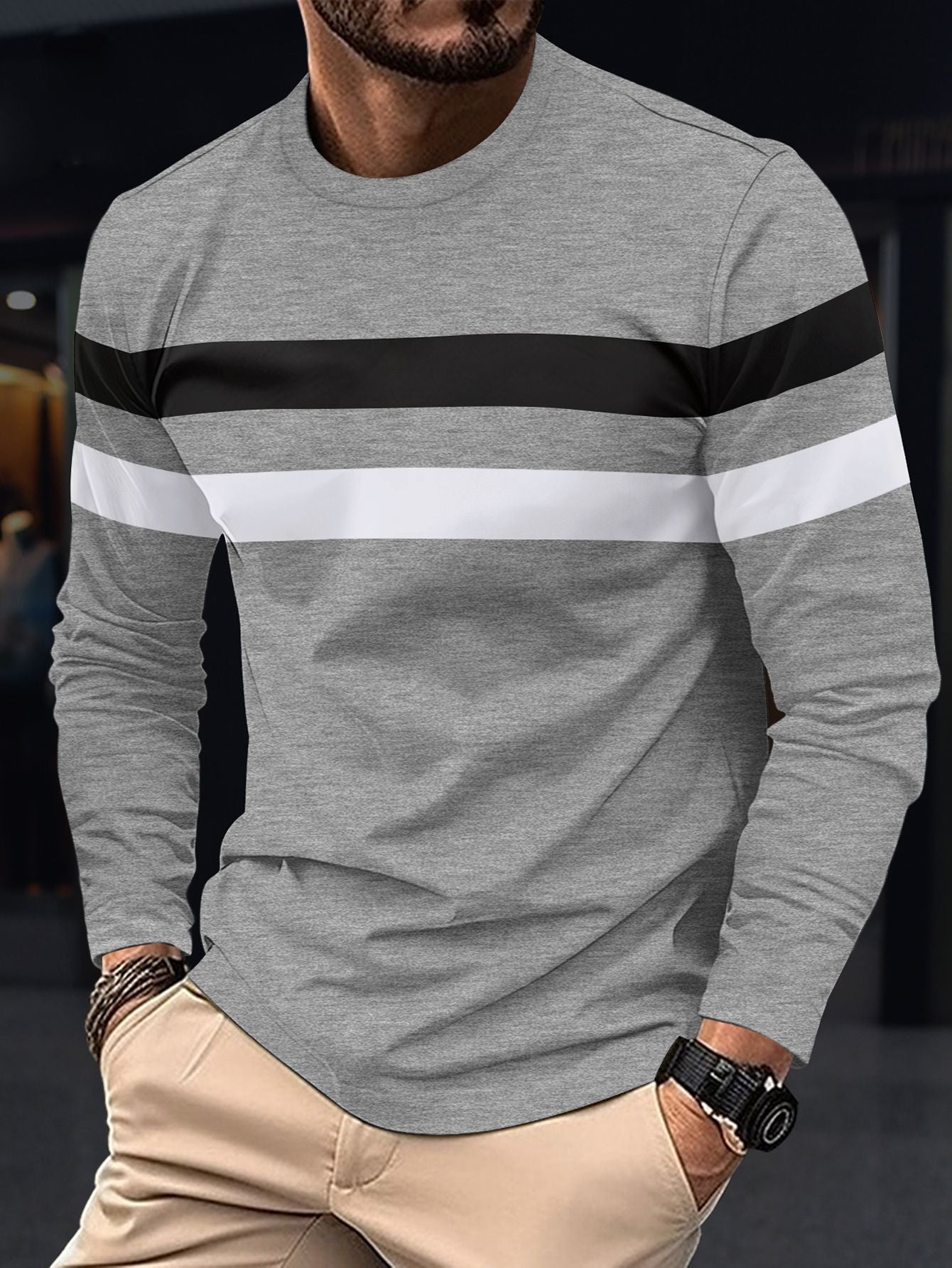 Cross-Border Trade Plus Size Autumn Winter Men's Crew Neck Long Sleeve Color Block Base Shirt Pullover Thin Long Sleeve T Men's T-shirt