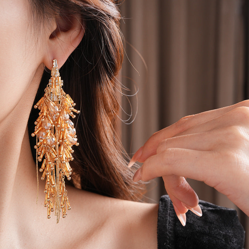Silver Needle Inlaid Diamond Glass Tassel Earrings Fashion European and American Exaggerated Heavy Craft Stud Earrings Light Luxury High-end Niche Earrings for Women