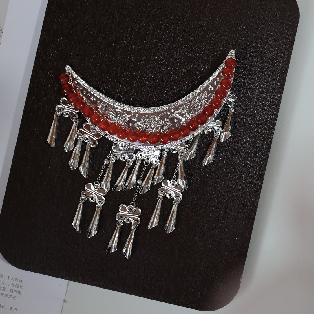 Hanfu Hair Accessories Miaojiang Crescent Moon Tassel Hair Ornament Warring States Robe Wei Jin Style Retro Forehead Accessories Ancient Style Hairpin