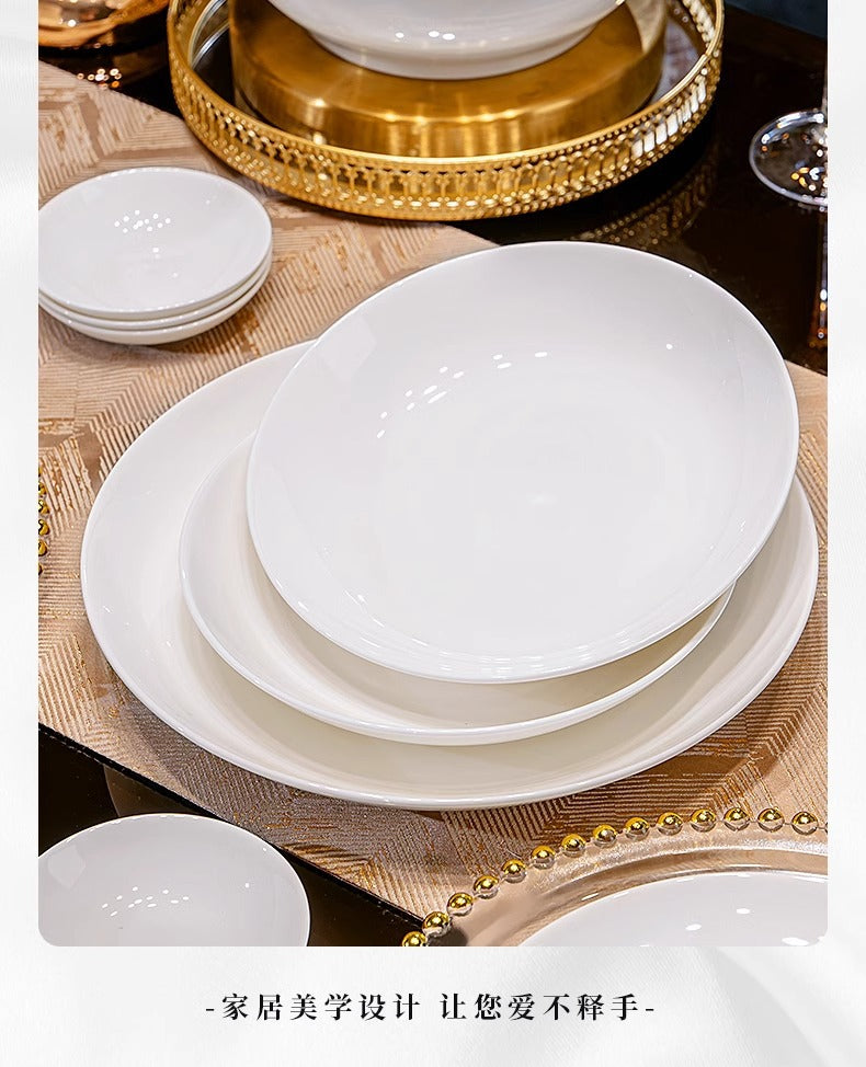 Tangshan Bone China Pure White Underglaze Color Bowl and Plate Set Household Combination Tableware Set Bowl Plate Dish Gift Box High Temperature Porcelain