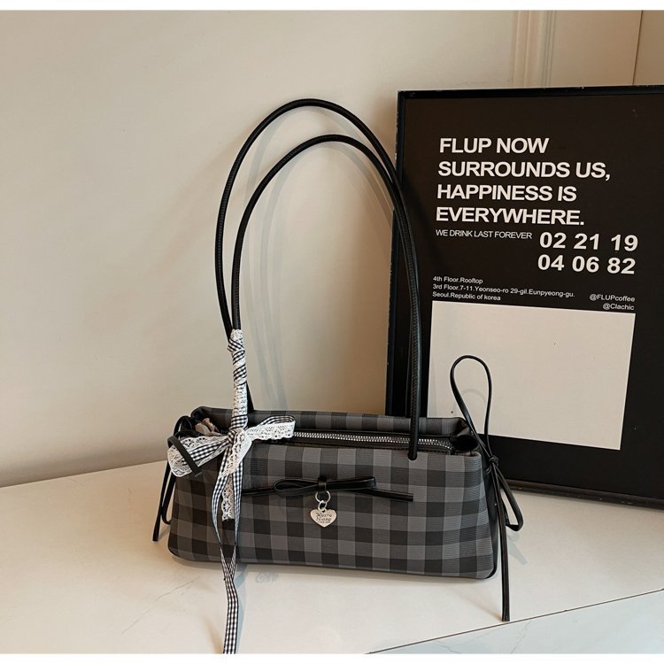 Dopamine Plaid Handbag Small Tote Bag for Women Summer2025New Ballet Style Bow Baguette Bag Underarm Bag Trendy