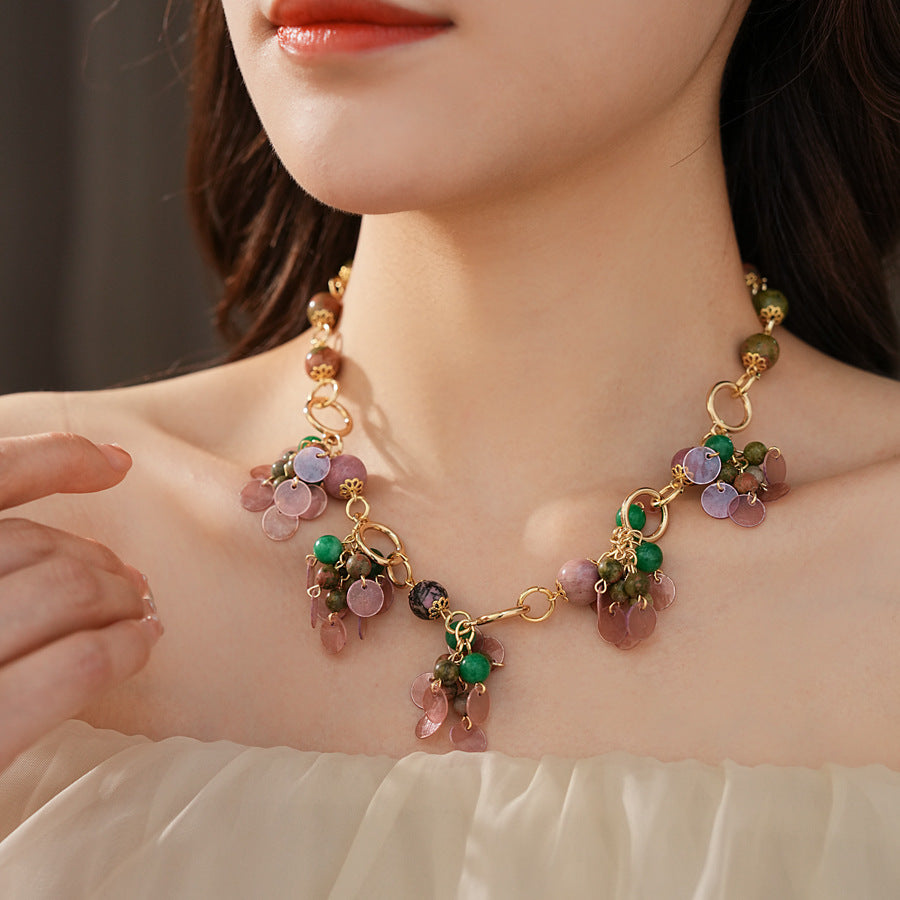 Medieval vintage Jewelry Set Natural Stone Shell Tassel Pendant Earrings Light Luxury High-end Vintage Necklace