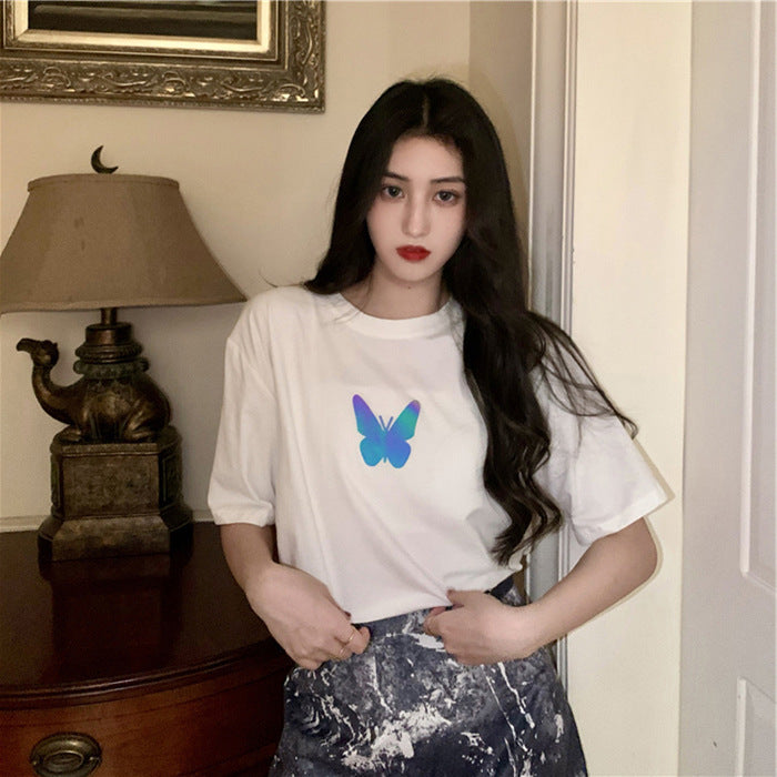 Summer2025New Year's Trendy Internet Celebrity Couple Outfit Reflective Butterfly Short Sleeve t Women's Summer T-shirt ins Super Popular Short Top