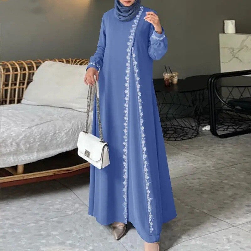 H726#Muslim Women's Clothing Lace Long Robe Dress Fashion Long Sleeve Vest Women's Spring Casual Dress