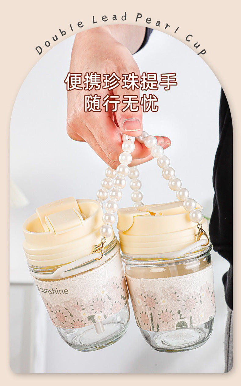 Glass Cup Straw Water Cup High Temperature Resistant Pearl Bracelet Double Drinking Cup Cup Souvenir Creative High Appearance Universal