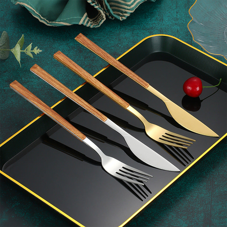 Stainless Steel Clip Handle Tableware Japanese and Korean ins Imitation Wood Grain Handle Steak Knife Fork Spoon Set Wooden Handle Dessert Spoon