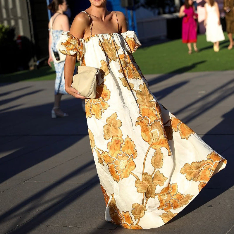 Printing Suspenders Vacation Style Dress