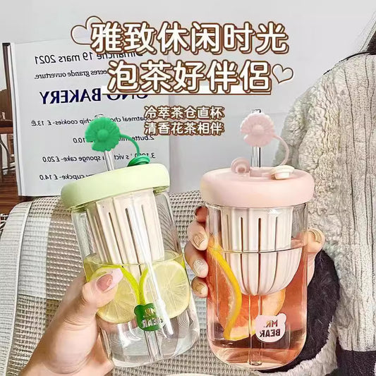 Cold Brew Cup Glass Tea Infuser Lemon Water Cup Portable Tea Water Separation Cup High-Value Straw Cup for Women