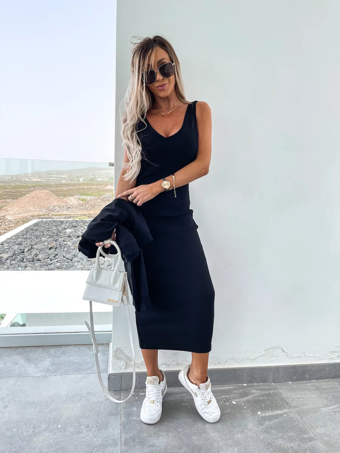 Amazon European and American Cross-Border New Spring Summer Women's Solid Color Clothing V Collar Long Sleeve Sweater Sling Slim Fit Long Dress2Set