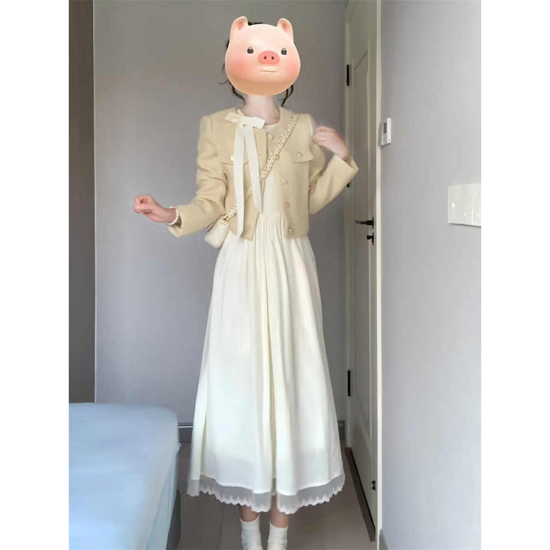 Plus Size Fat mm Little Chanel Style Set Spring and Autumn Women's Clothing2025New Design Bowknot Dress and Jacket Set