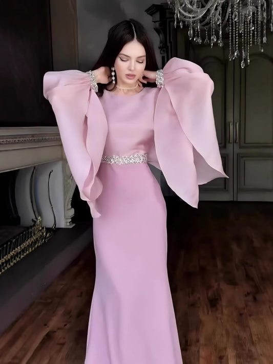2025New AliExpress Amazon Dubai Spring Summer Solid Color Beaded Crystal Chain Satin Fashion Dress for Women