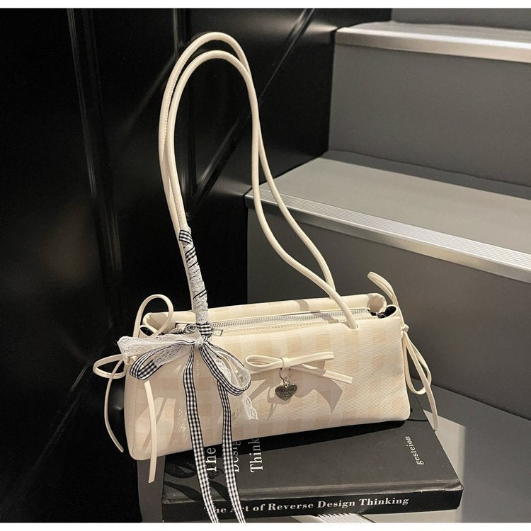 Dopamine Plaid Handbag Small Tote Bag for Women Summer2025New Ballet Style Bow Baguette Bag Underarm Bag Trendy