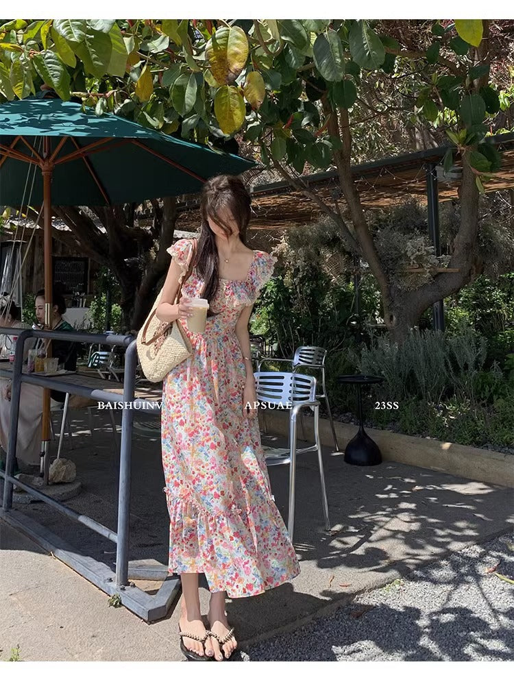 Floral Square Neck Slim Fit Women's Dress for Beach Vacation Casual Long Dress