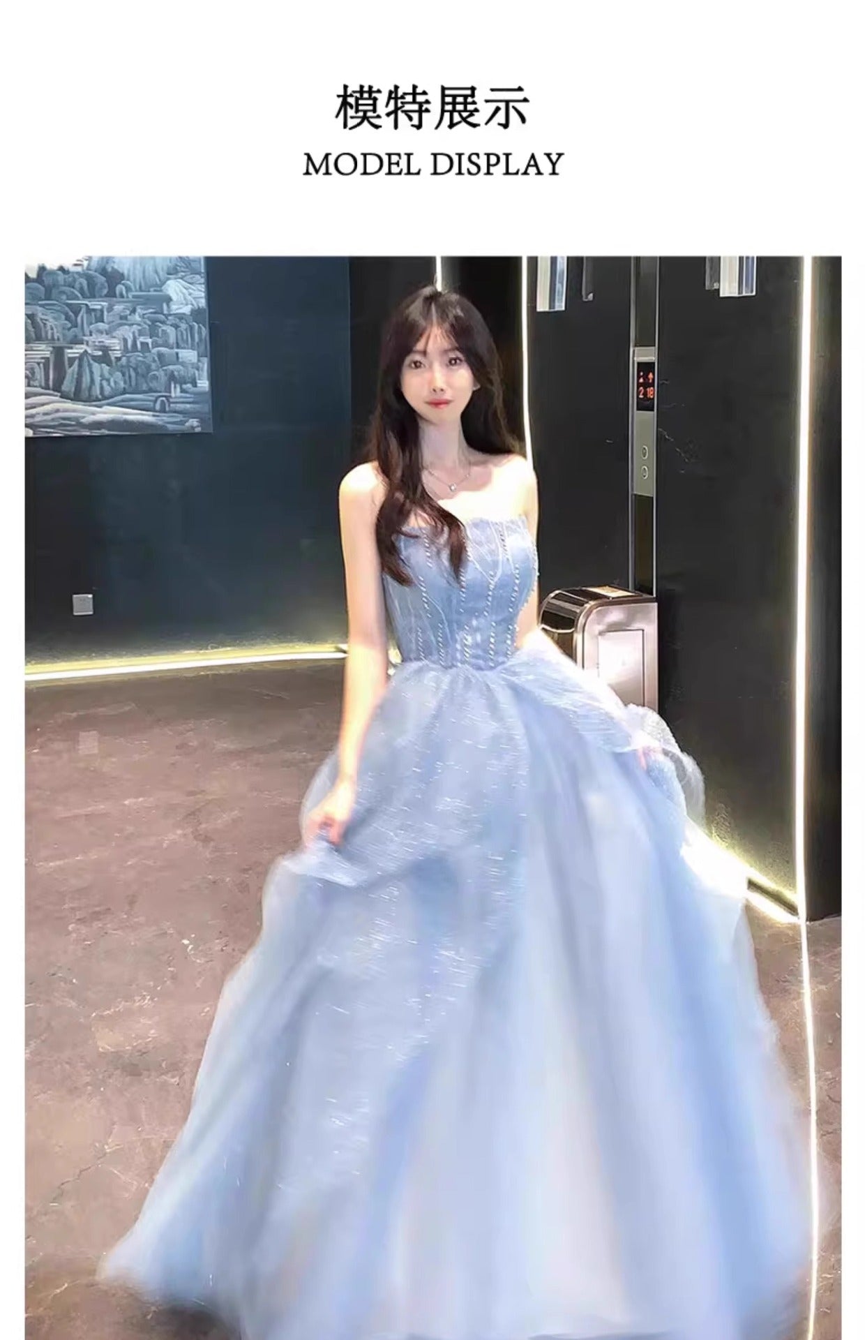 Blue Strapless Dress Puff Skirt Runaway Princess Fairy Dress Light Luxury High-end Evening Dress Host Slim Fit Elegant