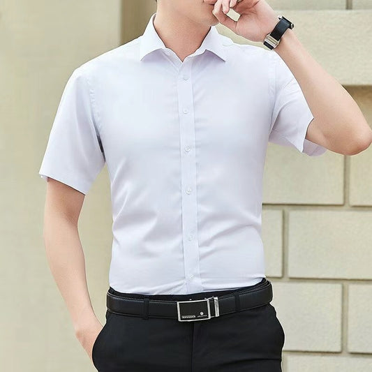 Autumn Solid Color Short Sleeve Shirt Men's Casual Slim Fit Business Plus Size Thin Korean Style Shirt Youth Handsome Trendy