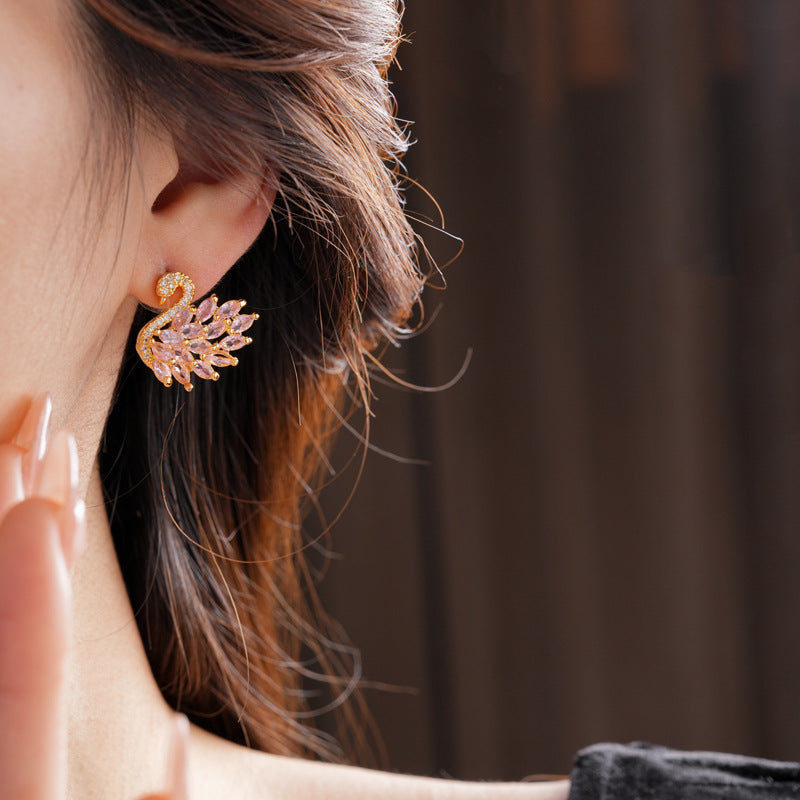 Real Gold Plated Silver Needle Zircon Swan Earrings Niche Light Luxury Exquisite ins Earrings with a high-end feel versatile for women