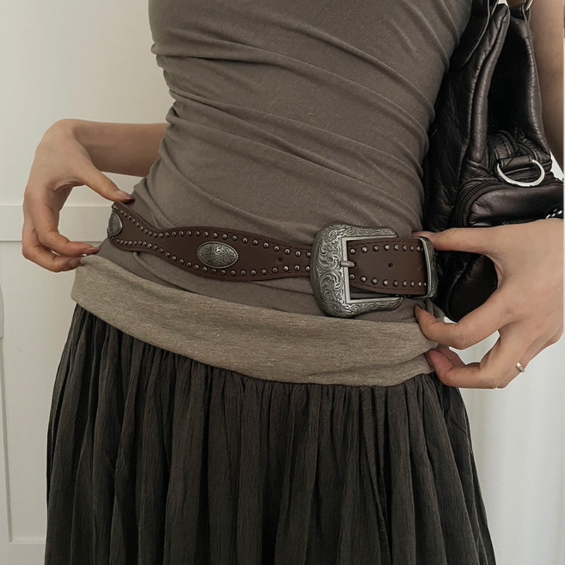 Vintage Western Style Brown Studded Belt for Women, Niche Design Flower Waist Rope for Dresses and Jeans, Waist Cincher Accessory