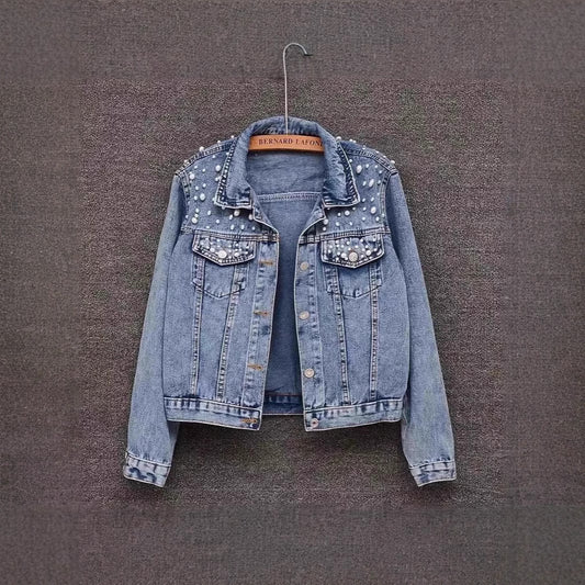 Amazon Cross-Border Southeast Asia Heavy Fashion Beaded Short Denim Jacket for Women Pearl Plus Size Jacket ns Top
