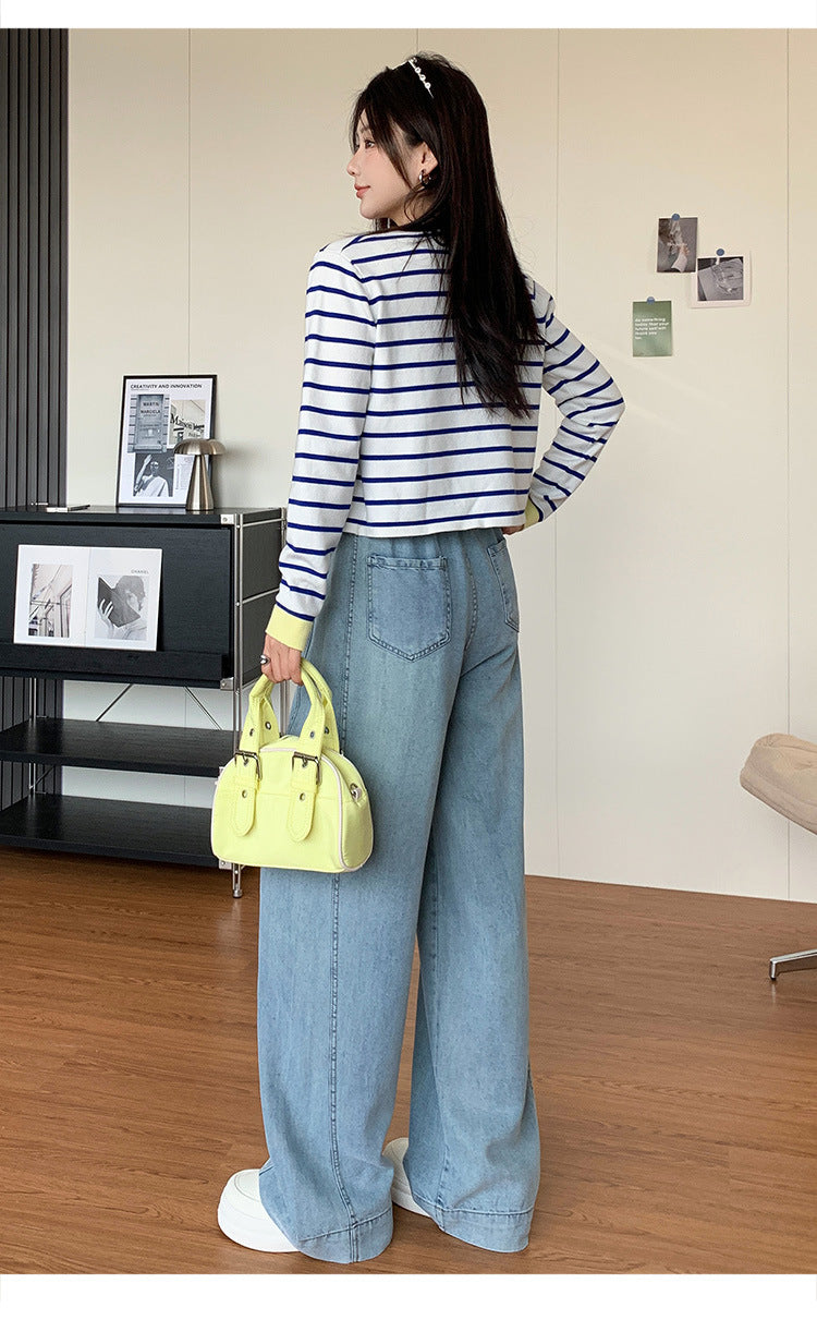 Tencel Jeans for Women Summer Thin Elastic Waist High Waist Draped Large Size Loose Straight Side Seam Front-Moved Wide-Leg Pants