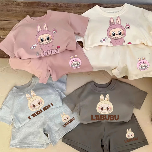 Cute Short Sleeve and Shorts Cartoon Fashion Casual Set for Boys and Girls, Loose Trendy Two-Piece Set for Toddlers and Kids