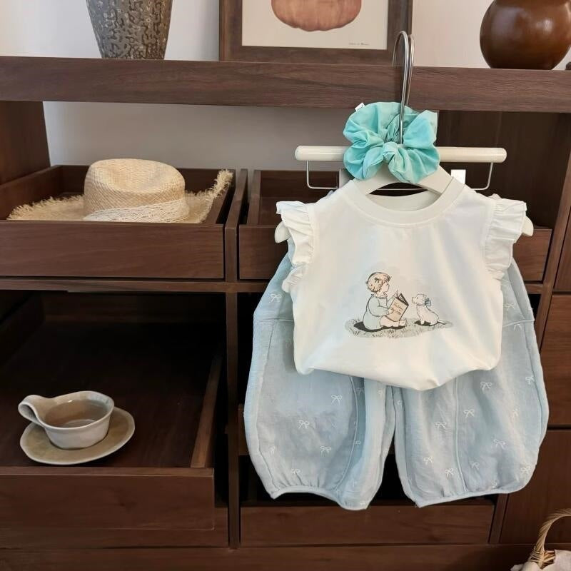 Girls retro Cotton and Linen Vest Set Summer Clothes2025New Korean Style Children's Sleeveless Doll Shirt Wide Leg Pants for Kids